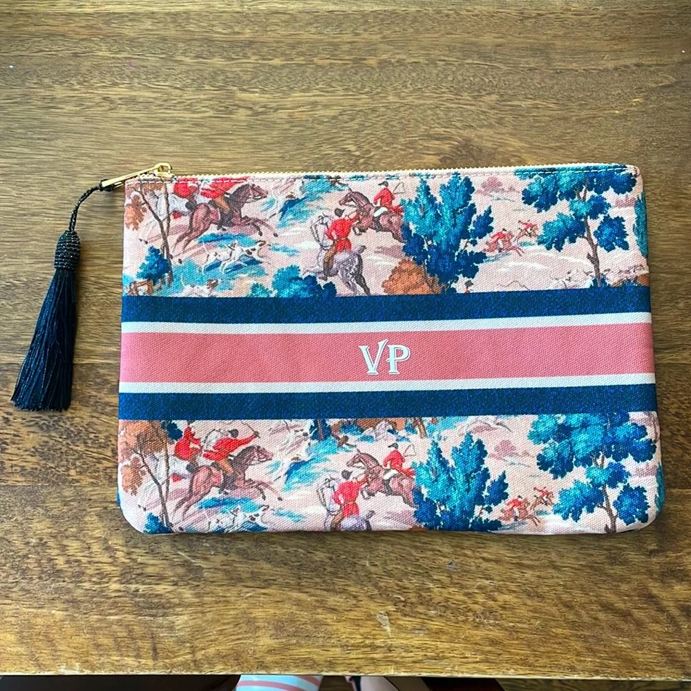 Personalized clutch VP toile de jouy textured NEW - Picture 1 of 5